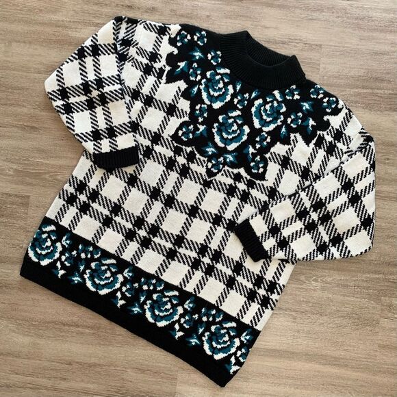 Vintage Sweaters - Vintage 80s Plaid Floral Sweater Size Large